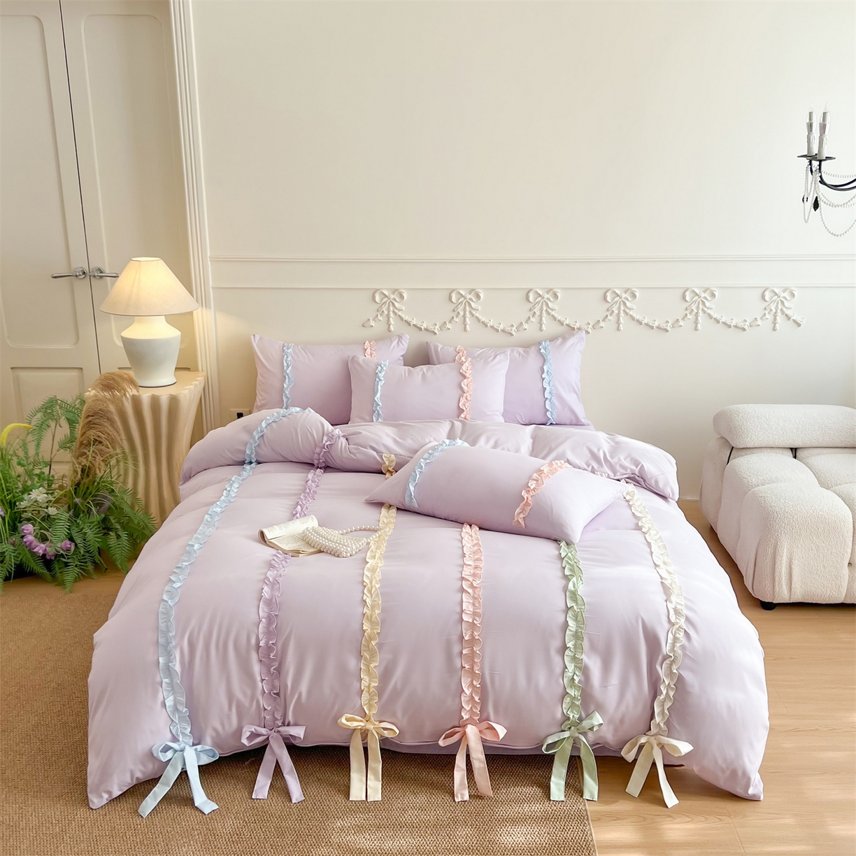 91家纺网 家纺一手货源 找家纺 吾欢心 2026春夏新款公主风彩色蝴蝶结四件套 彩色蝴蝶结紫