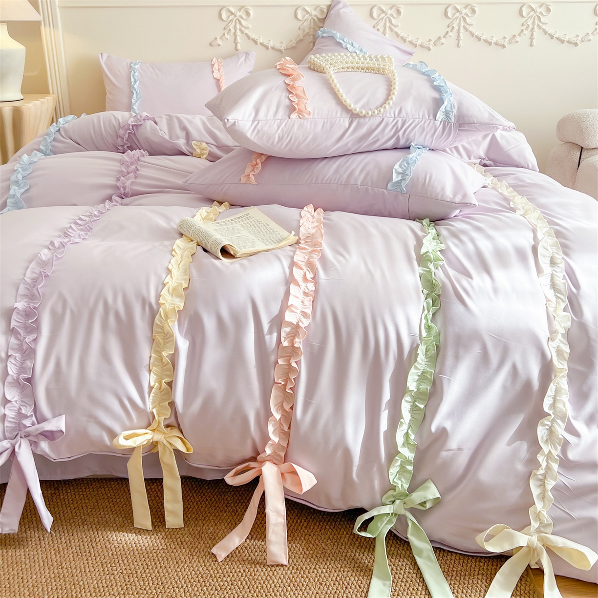 91家纺网 家纺一手货源 找家纺 吾欢心 2026春夏新款公主风彩色蝴蝶结四件套 彩色蝴蝶结紫