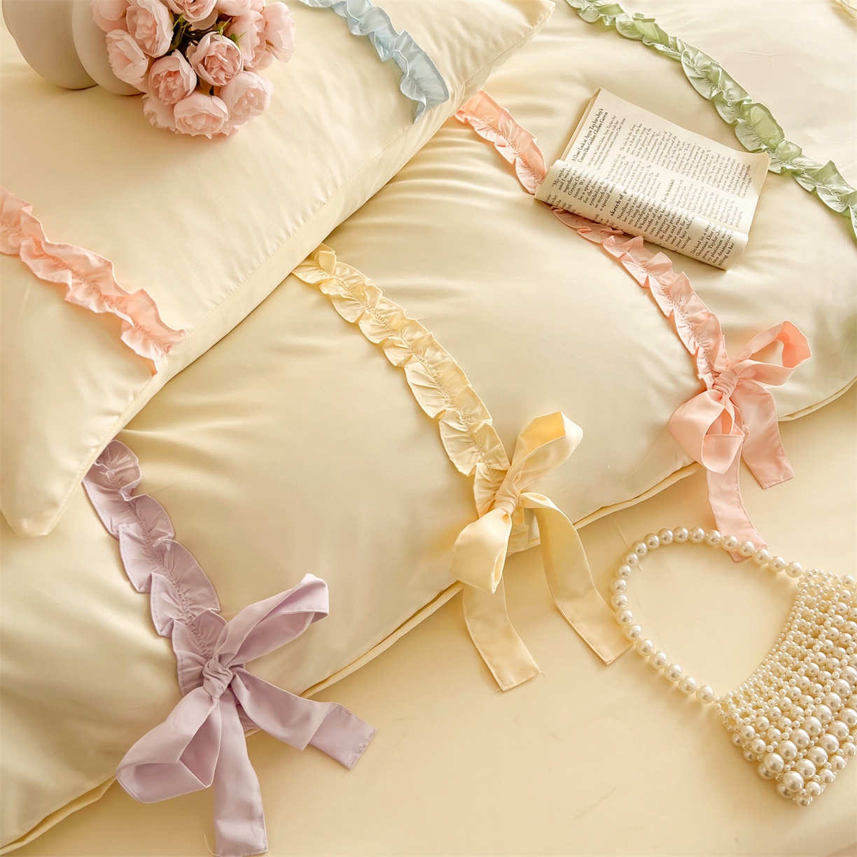 91家纺网 家纺一手货源 找家纺 吾欢心 2026春夏新款公主风彩色蝴蝶结四件套 彩色蝴蝶结黄