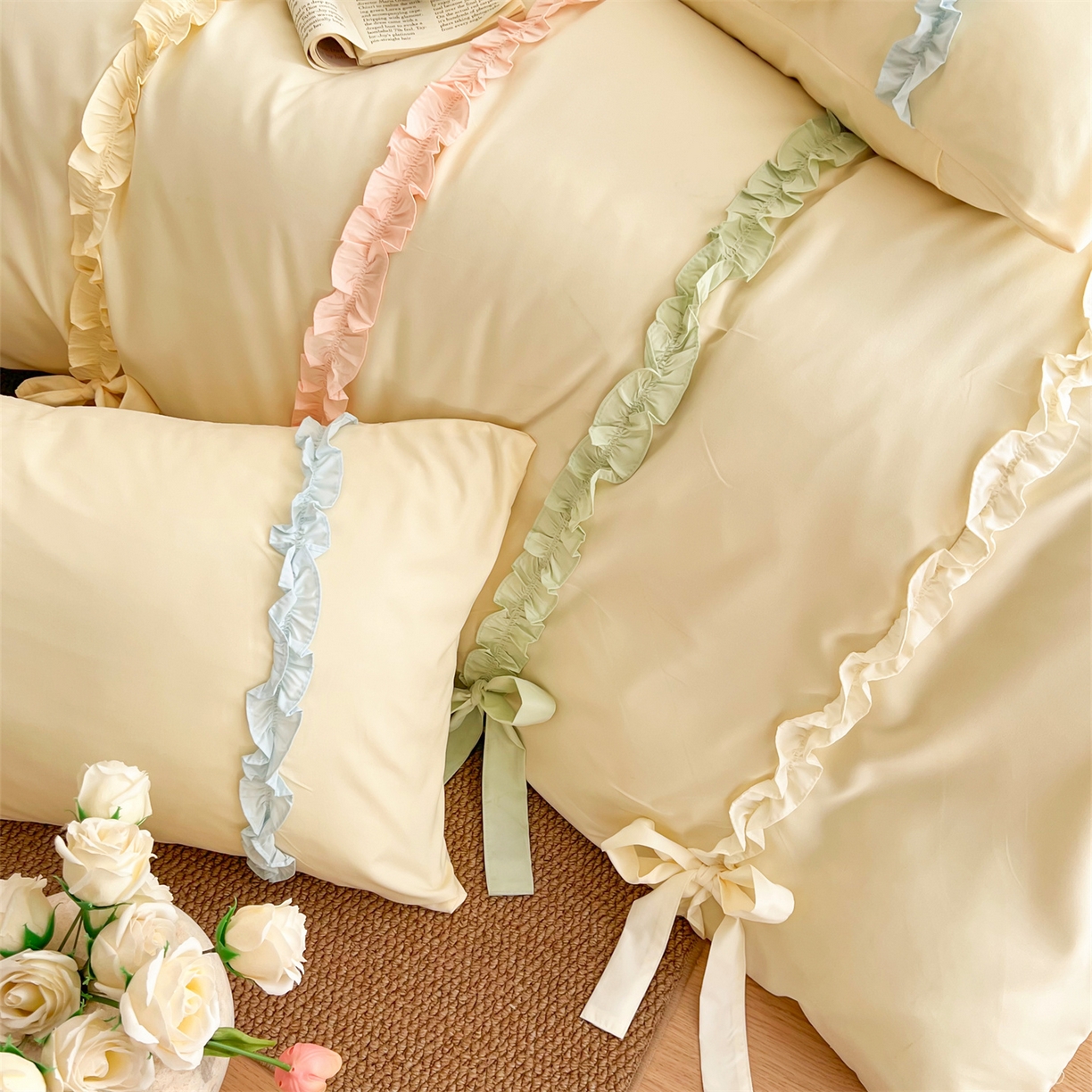 91家纺网 家纺一手货源 找家纺 吾欢心 2026春夏新款公主风彩色蝴蝶结四件套 彩色蝴蝶结黄