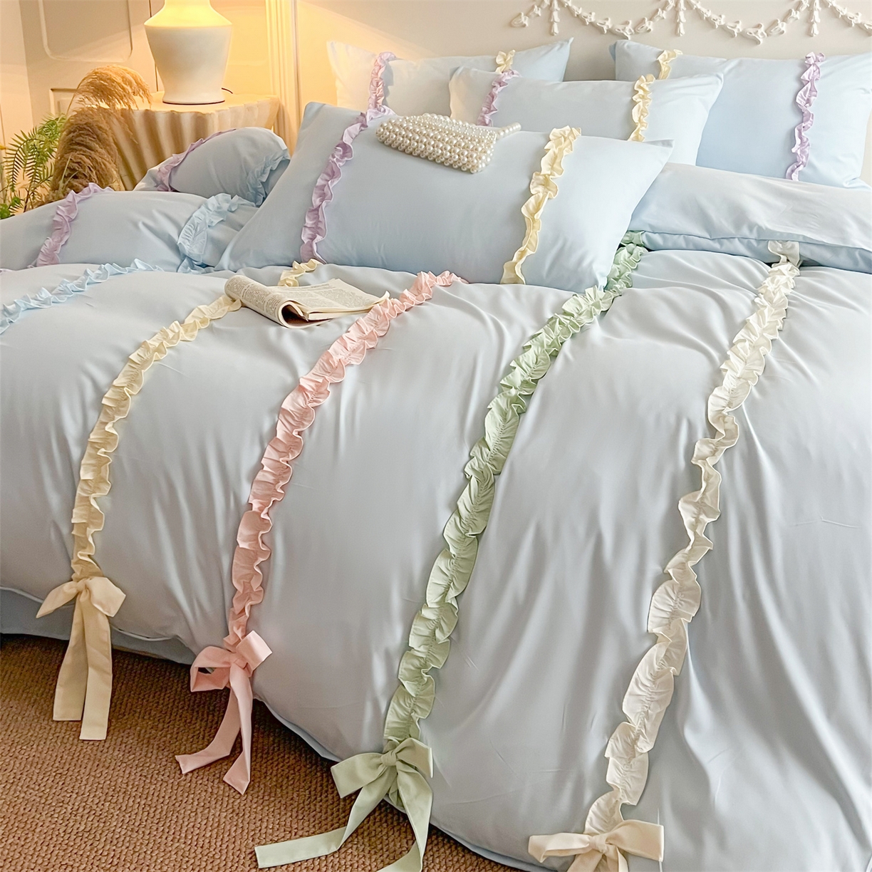 91家纺网 家纺一手货源 找家纺 吾欢心 2026春夏新款公主风彩色蝴蝶结四件套 彩色蝴蝶结蓝