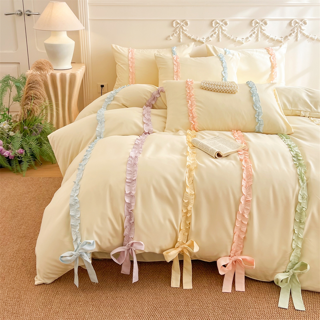 91家纺网 家纺一手货源 找家纺 吾欢心 2026春夏新款公主风彩色蝴蝶结四件套 彩色蝴蝶结黄