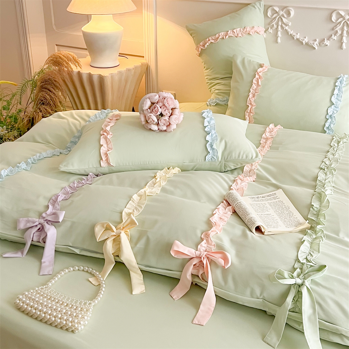 91家纺网 家纺一手货源 找家纺 吾欢心 2026春夏新款公主风彩色蝴蝶结四件套 彩色蝴蝶结绿