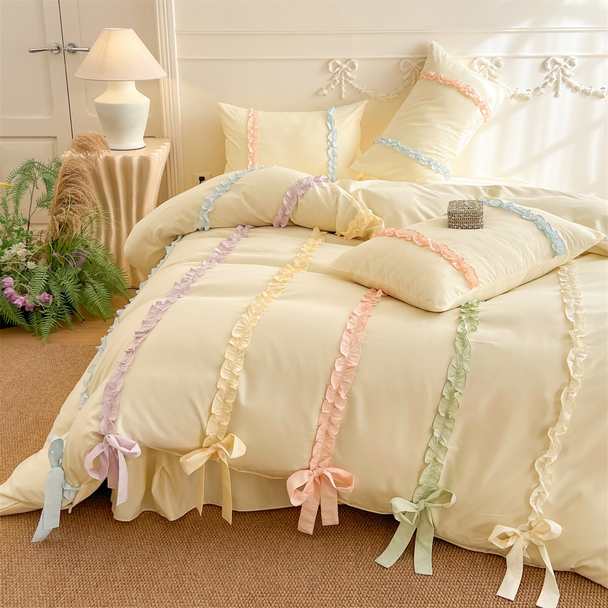 91家纺网 家纺一手货源 找家纺 吾欢心 2026春夏新款公主风彩色蝴蝶结四件套 彩色蝴蝶结黄