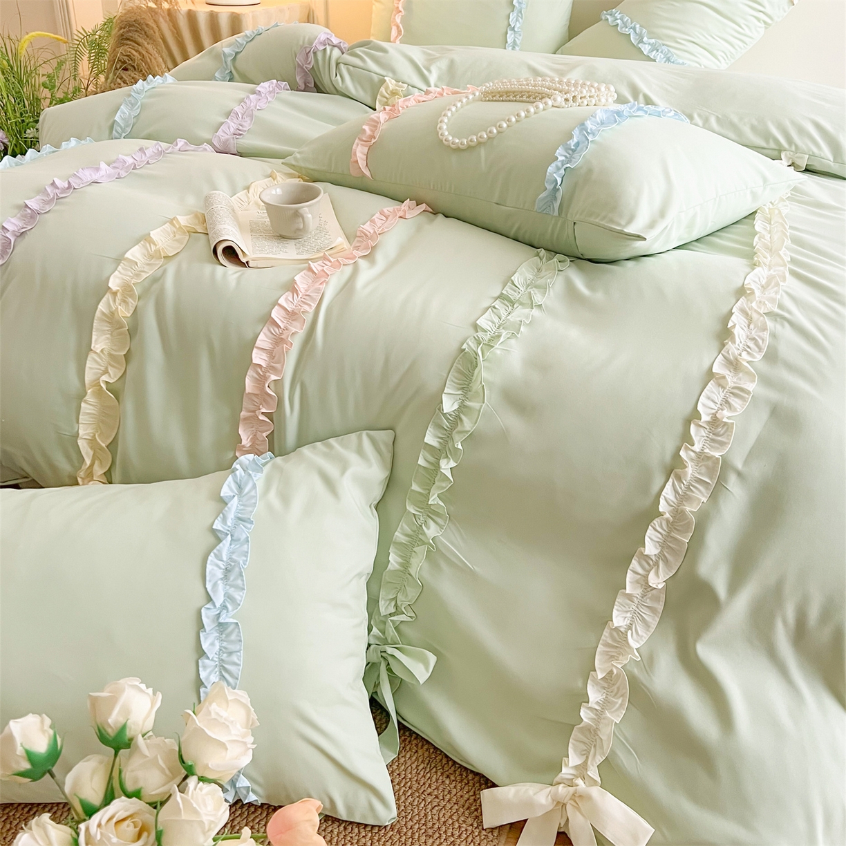 91家纺网 家纺一手货源 找家纺 吾欢心 2026春夏新款公主风彩色蝴蝶结四件套 彩色蝴蝶结绿