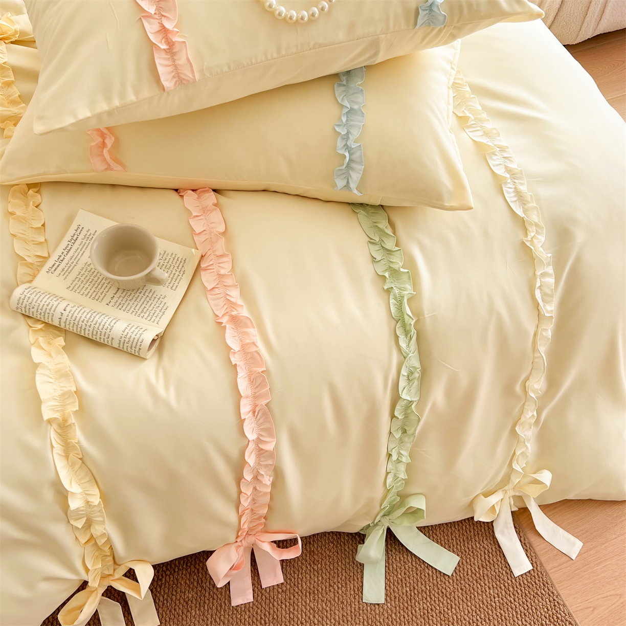 91家纺网 家纺一手货源 找家纺 吾欢心 2026春夏新款公主风彩色蝴蝶结四件套 彩色蝴蝶结黄