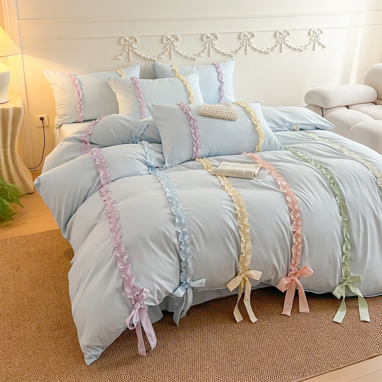 91家纺网 家纺一手货源 找家纺 吾欢心 2026春夏新款公主风彩色蝴蝶结四件套 彩色蝴蝶结蓝