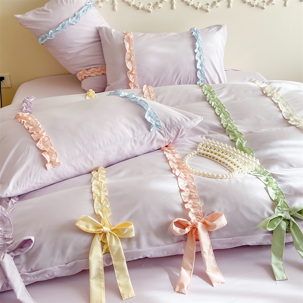 91家纺网 家纺一手货源 找家纺 吾欢心 2026春夏新款公主风彩色蝴蝶结四件套 彩色蝴蝶结紫