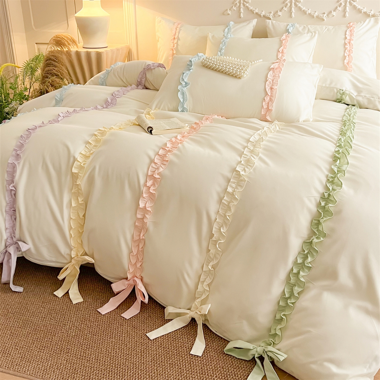 91家纺网 家纺一手货源 找家纺 吾欢心 2026春夏新款公主风彩色蝴蝶结四件套 彩色蝴蝶结白