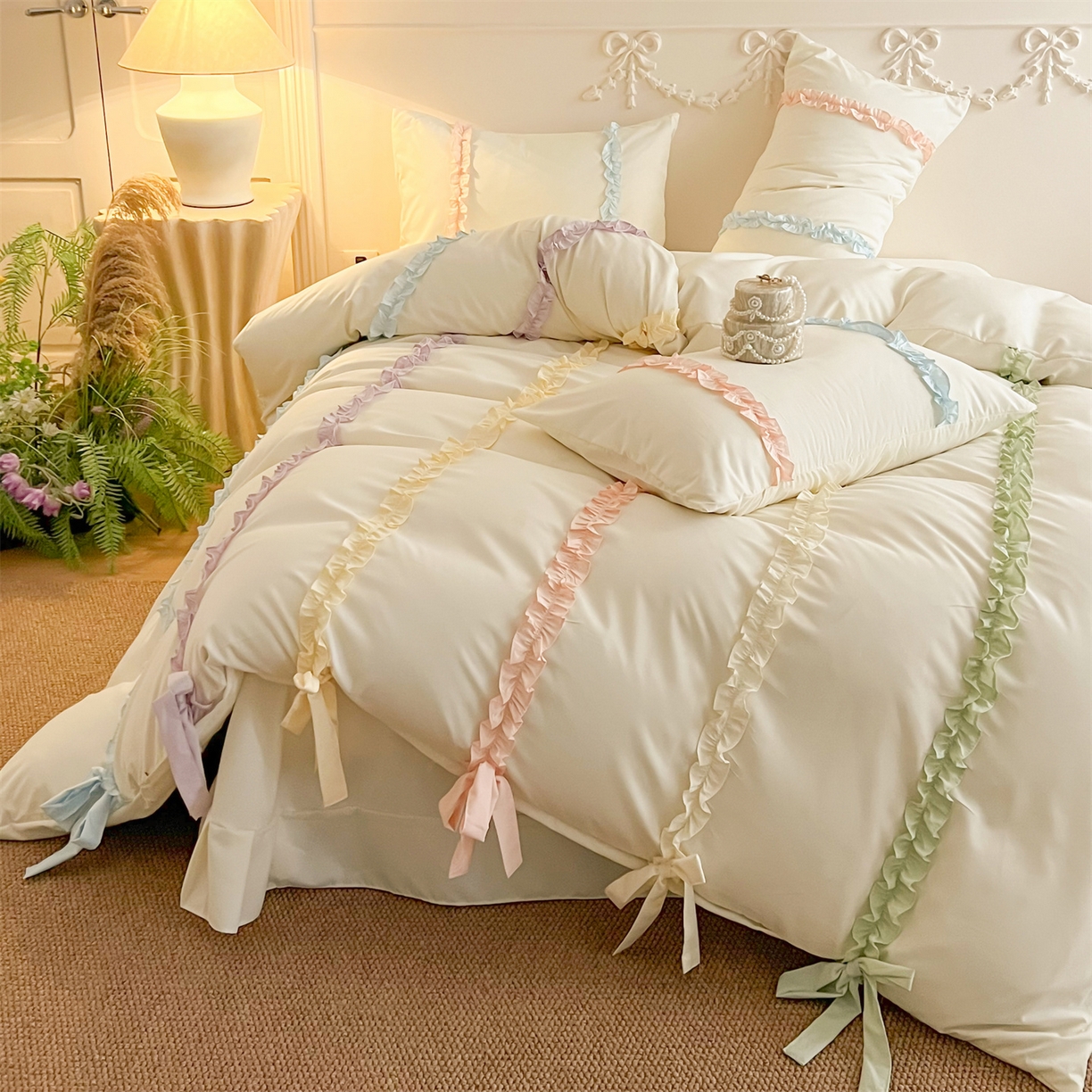 91家纺网 家纺一手货源 找家纺 吾欢心 2026春夏新款公主风彩色蝴蝶结四件套 彩色蝴蝶结白