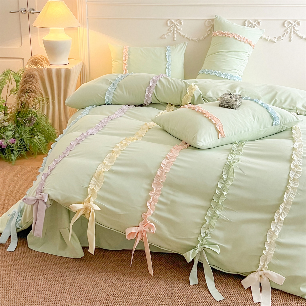 91家纺网 家纺一手货源 找家纺 吾欢心 2026春夏新款公主风彩色蝴蝶结四件套 彩色蝴蝶结绿