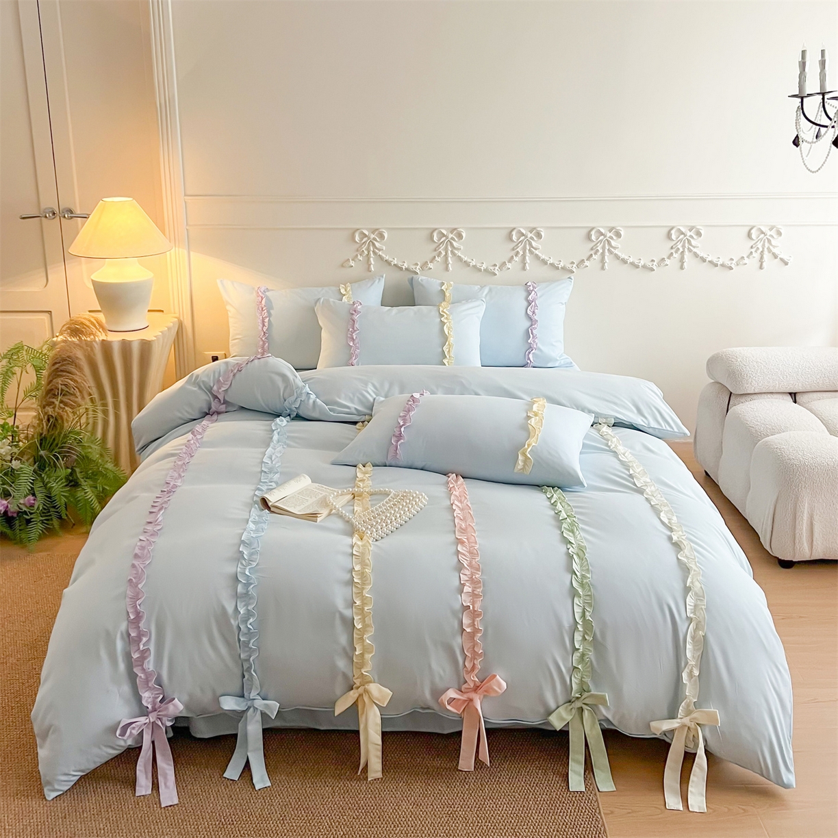 91家纺网 家纺一手货源 找家纺 吾欢心 2026春夏新款公主风彩色蝴蝶结四件套 彩色蝴蝶结蓝