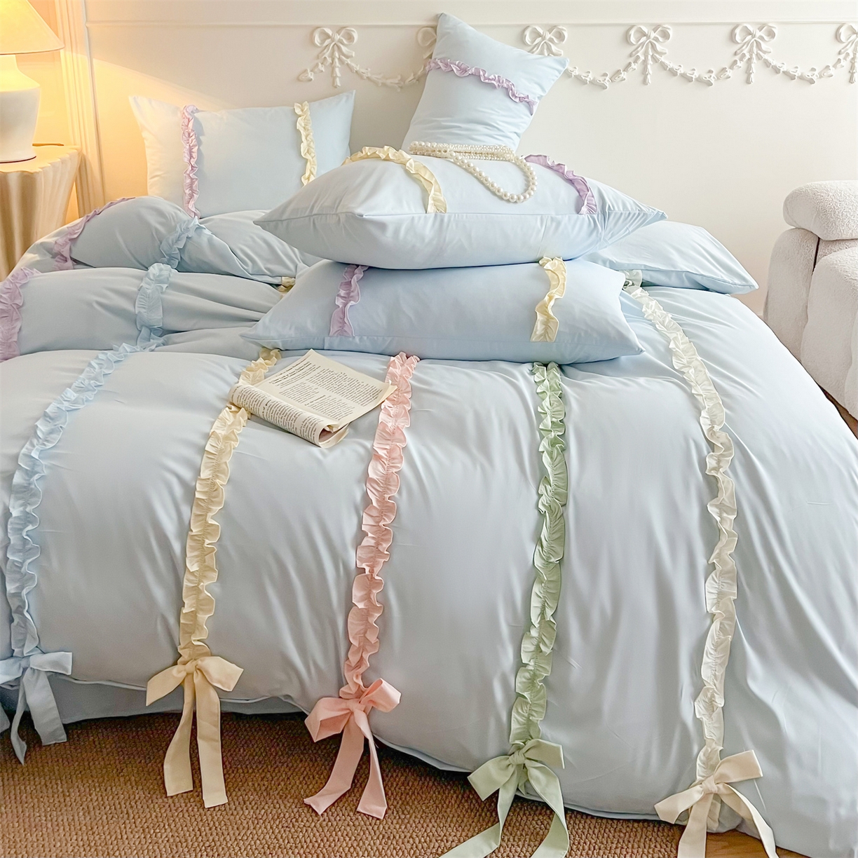 91家纺网 家纺一手货源 找家纺 吾欢心 2026春夏新款公主风彩色蝴蝶结四件套 彩色蝴蝶结蓝