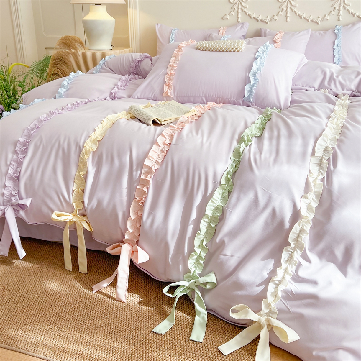 91家纺网 家纺一手货源 找家纺 吾欢心 2026春夏新款公主风彩色蝴蝶结四件套 彩色蝴蝶结紫