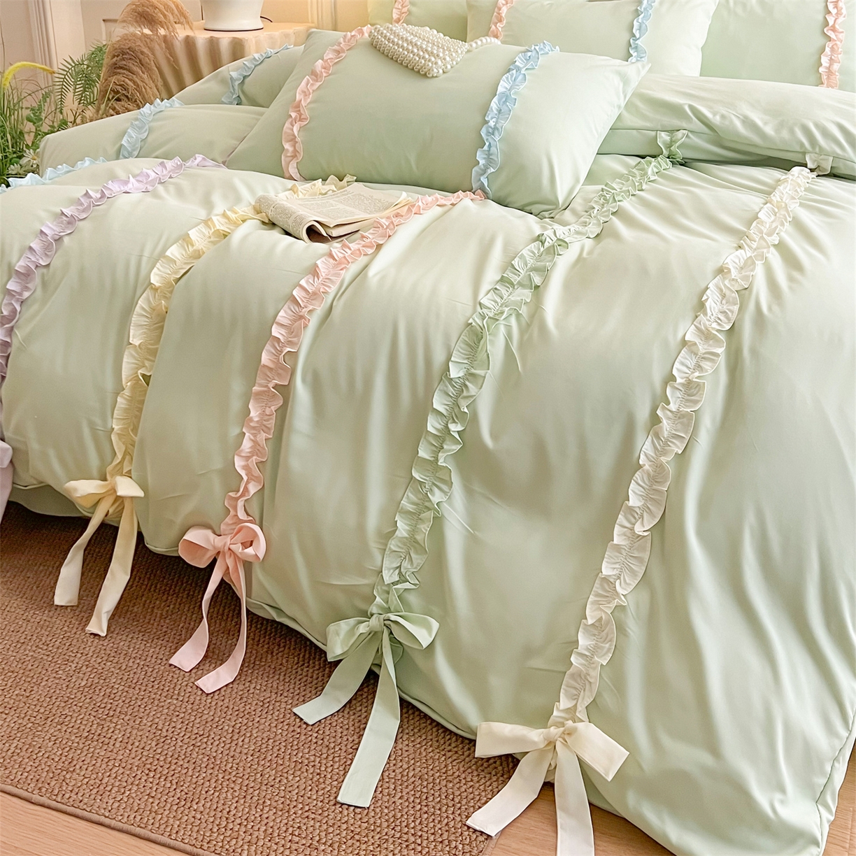 91家纺网 家纺一手货源 找家纺 吾欢心 2026春夏新款公主风彩色蝴蝶结四件套 彩色蝴蝶结绿