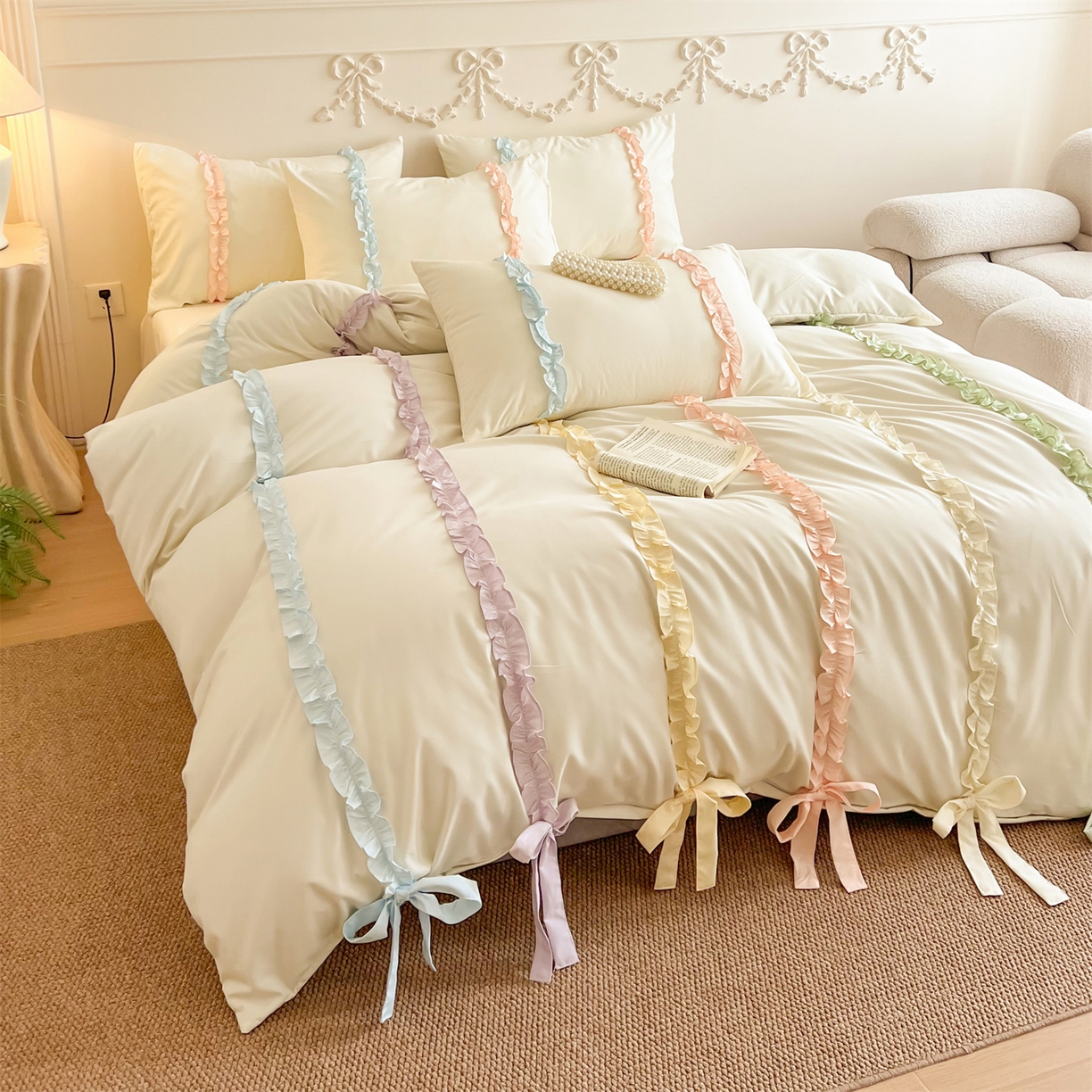 91家纺网 家纺一手货源 找家纺 吾欢心 2026春夏新款公主风彩色蝴蝶结四件套 彩色蝴蝶结白