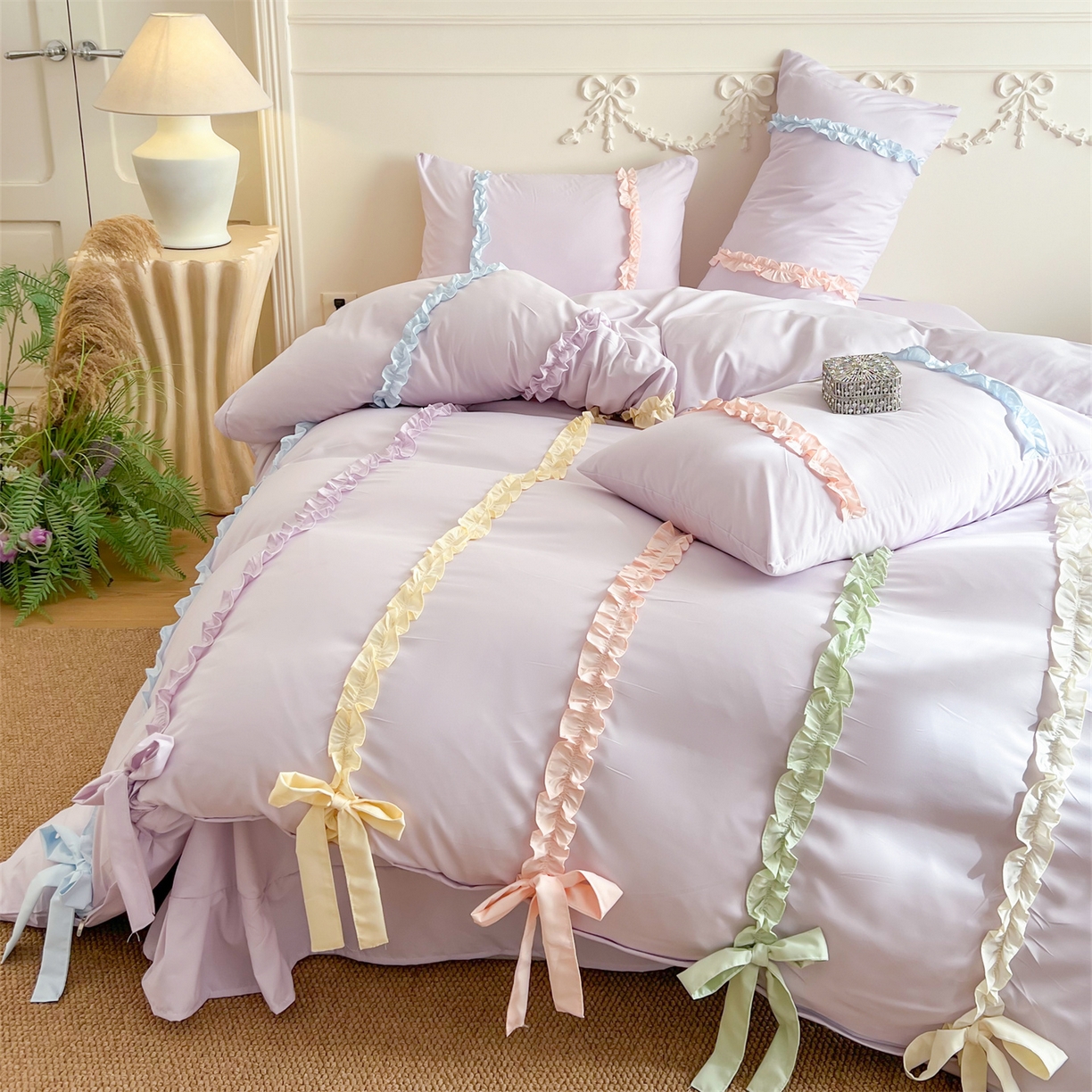 91家纺网 家纺一手货源 找家纺 吾欢心 2026春夏新款公主风彩色蝴蝶结四件套 彩色蝴蝶结紫