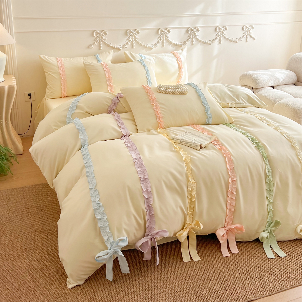 91家纺网 家纺一手货源 找家纺 吾欢心 2026春夏新款公主风彩色蝴蝶结四件套 彩色蝴蝶结黄