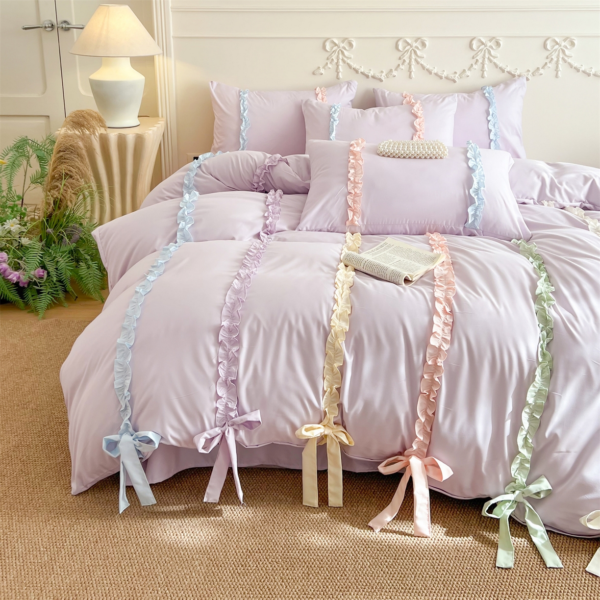 91家纺网 家纺一手货源 找家纺 吾欢心 2026春夏新款公主风彩色蝴蝶结四件套 彩色蝴蝶结紫