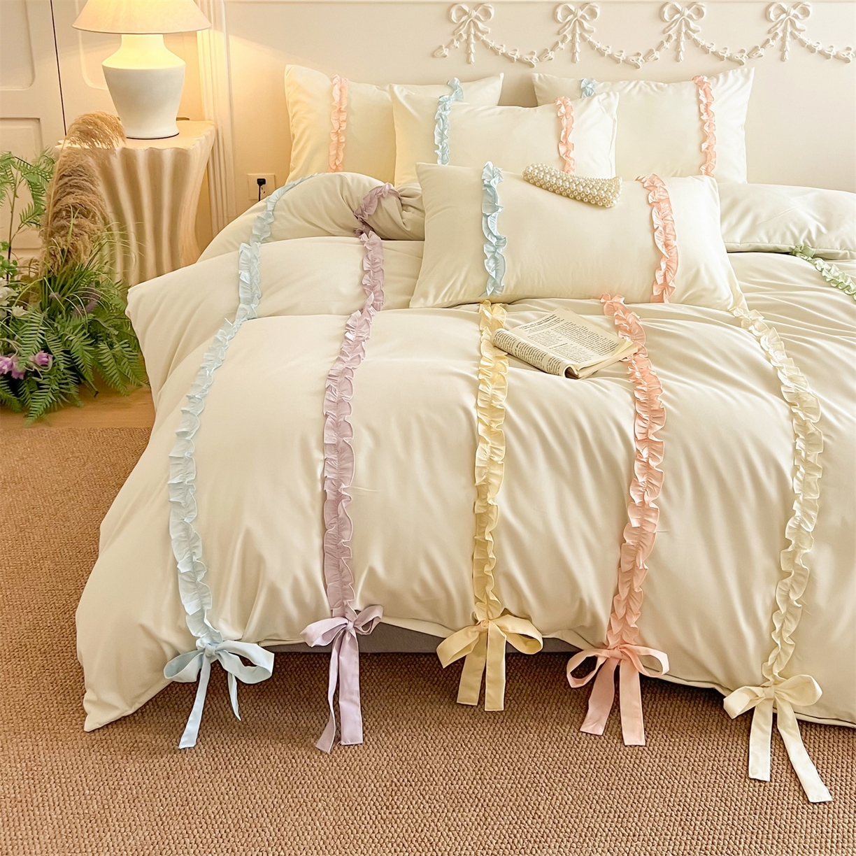 91家纺网 家纺一手货源 找家纺 吾欢心 2026春夏新款公主风彩色蝴蝶结四件套 彩色蝴蝶结白