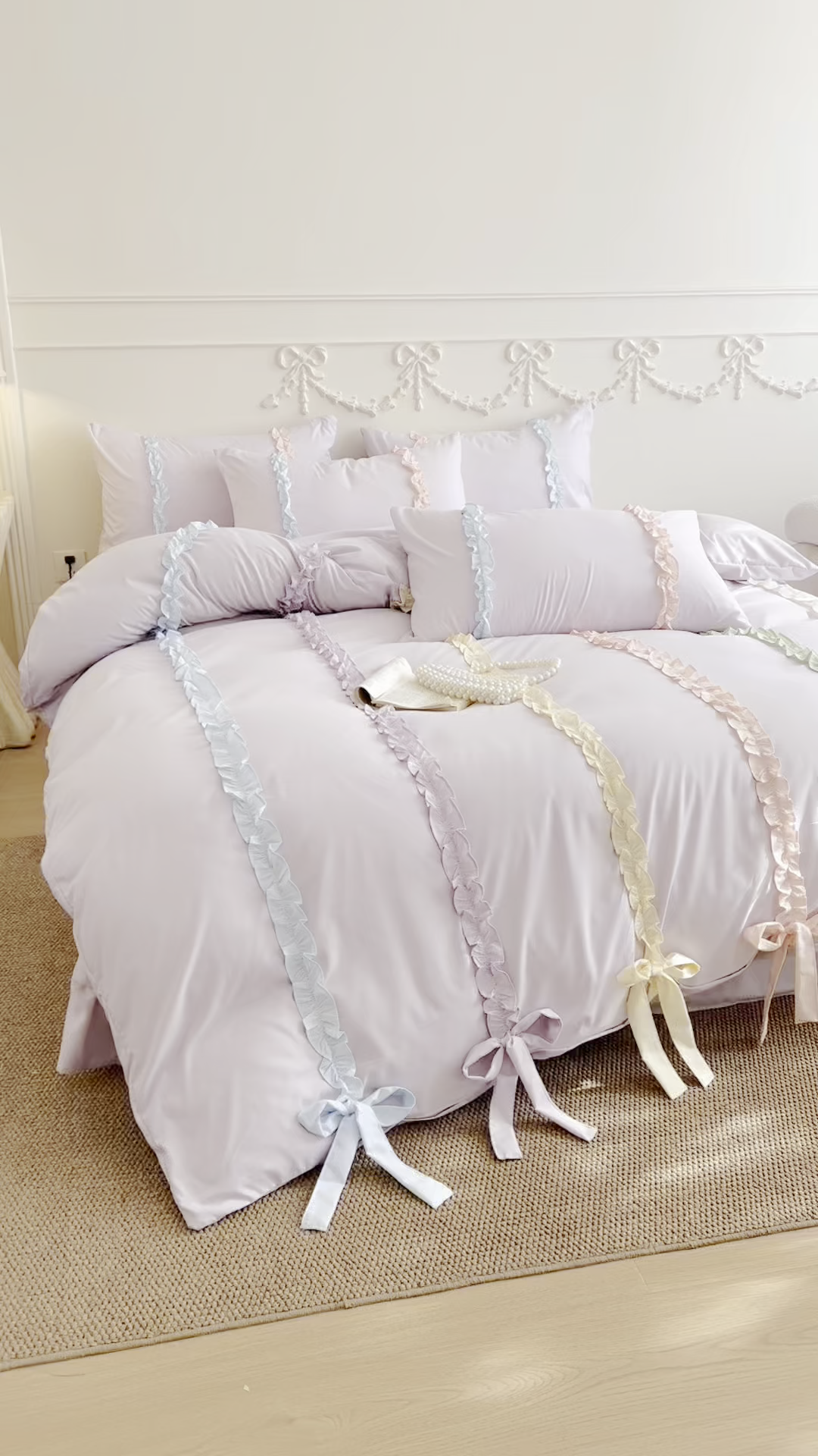 91家纺网 家纺一手货源 找家纺 吾欢心 2026春夏新款公主风彩色蝴蝶结四件套 彩色蝴蝶结紫