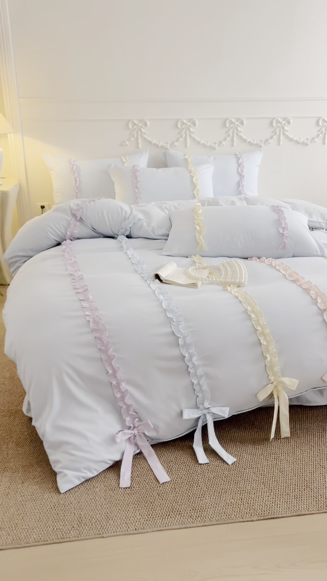 91家纺网 家纺一手货源 找家纺 吾欢心 2026春夏新款公主风彩色蝴蝶结四件套 彩色蝴蝶结蓝