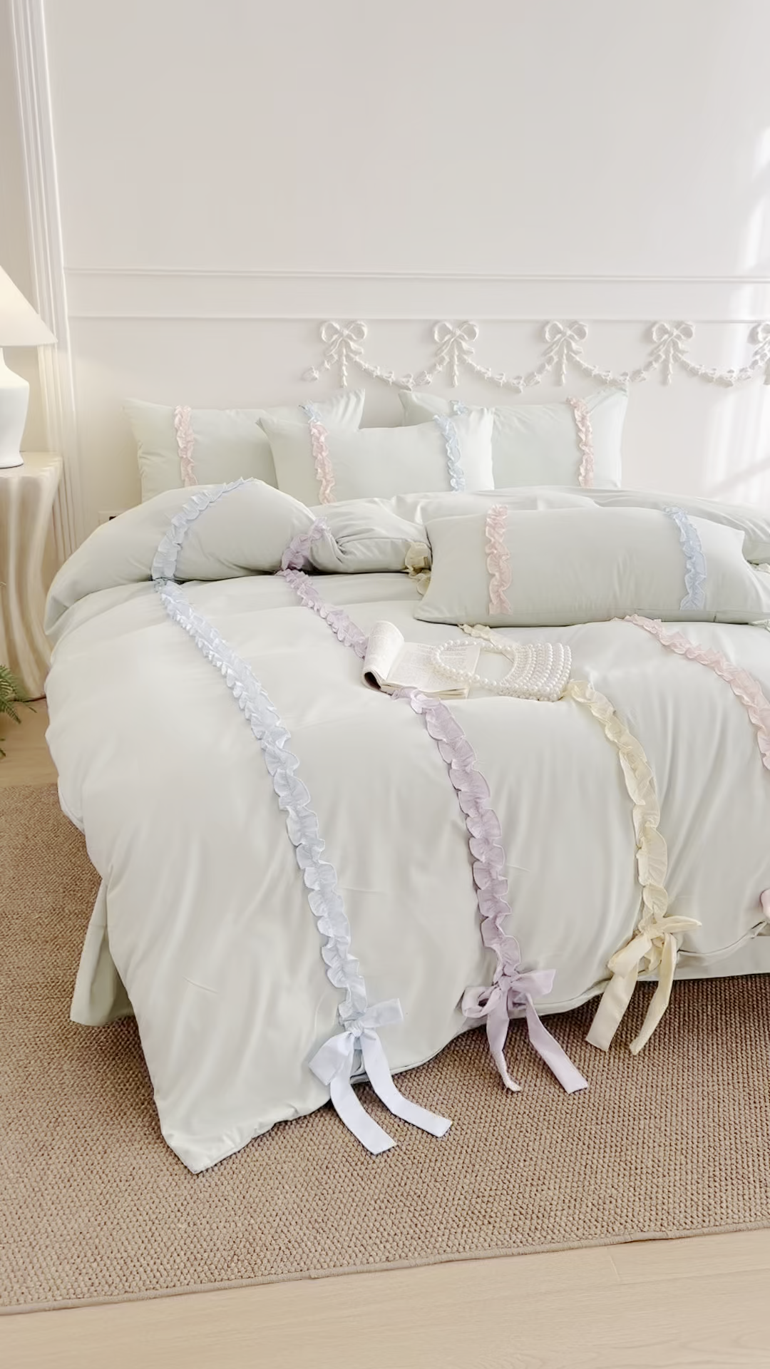 91家纺网 家纺一手货源 找家纺 吾欢心 2026春夏新款公主风彩色蝴蝶结四件套 彩色蝴蝶结绿