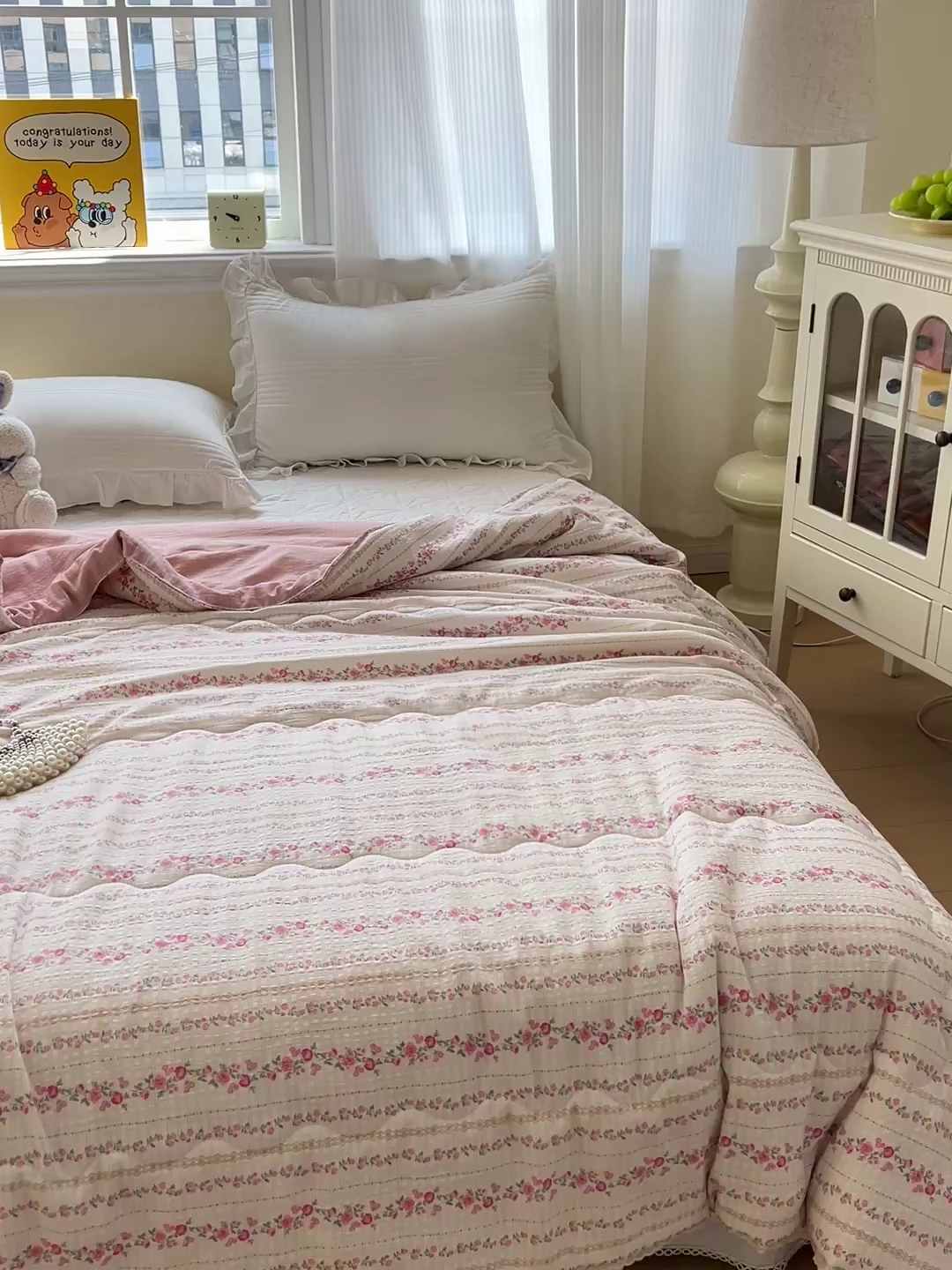 91家纺网 家纺一手货源 找家纺 艺菲阁家纺 2026爆款升级花边工艺双层纱夏凉被  粉黛