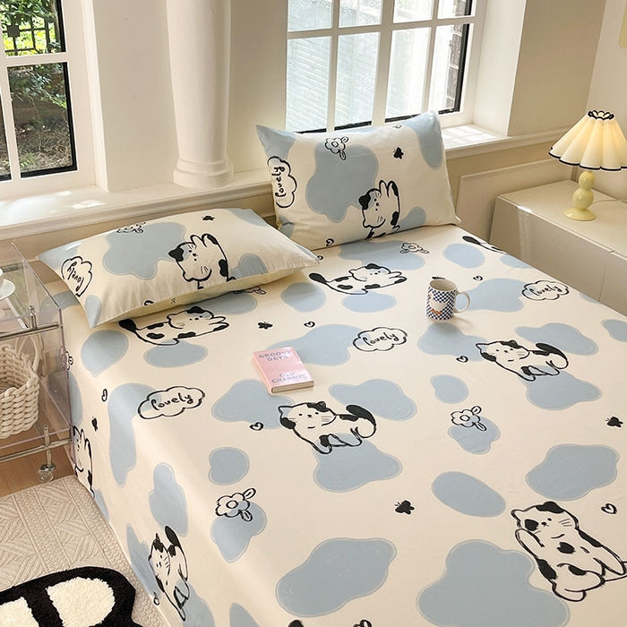 91家纺网 家纺一手货源 找家纺 麦伦家居 2026新款卡通小清新全棉纯棉单床单床笠床单床笠单件单品床单床笠 单品A版奶牛猫