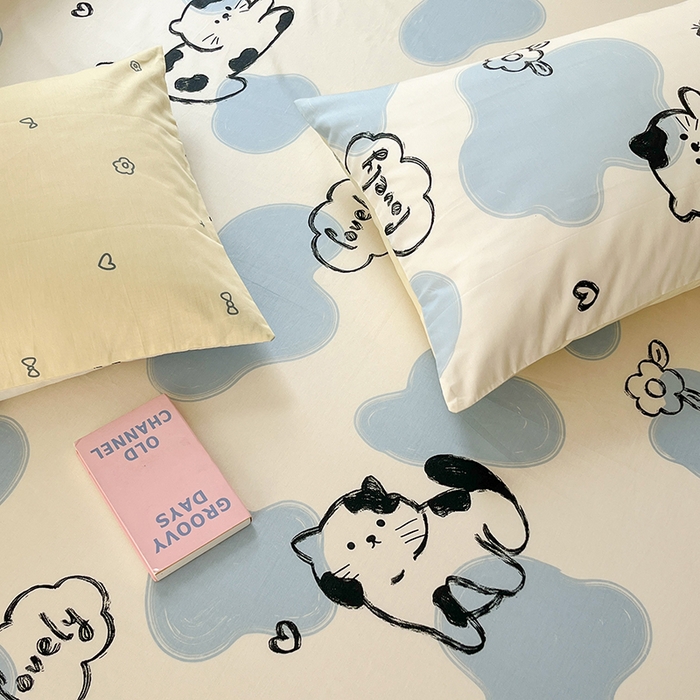 91家纺网 家纺一手货源 找家纺 麦伦家居 2026新款卡通小清新全棉纯棉单床单床笠床单床笠单件单品床单床笠 单品A版奶牛猫