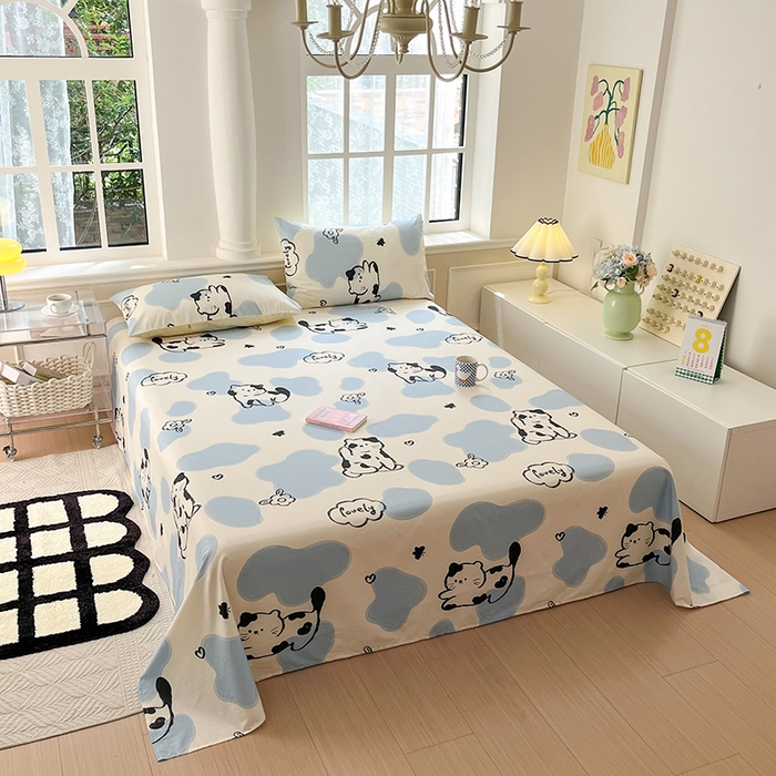 91家纺网 家纺一手货源 找家纺 麦伦家居 2026新款卡通小清新全棉纯棉单床单床笠床单床笠单件单品床单床笠 单品A版奶牛猫