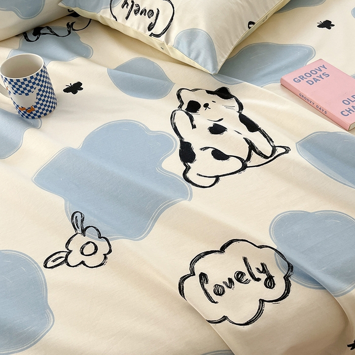 91家纺网 家纺一手货源 找家纺 麦伦家居 2026新款卡通小清新全棉纯棉单床单床笠床单床笠单件单品床单床笠 单品A版奶牛猫