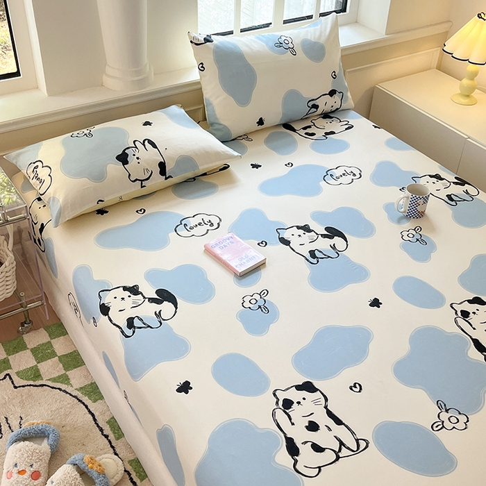 91家纺网 家纺一手货源 找家纺 麦伦家居 2026新款卡通小清新全棉纯棉单床单床笠床单床笠单件单品床单床笠 单品A版奶牛猫