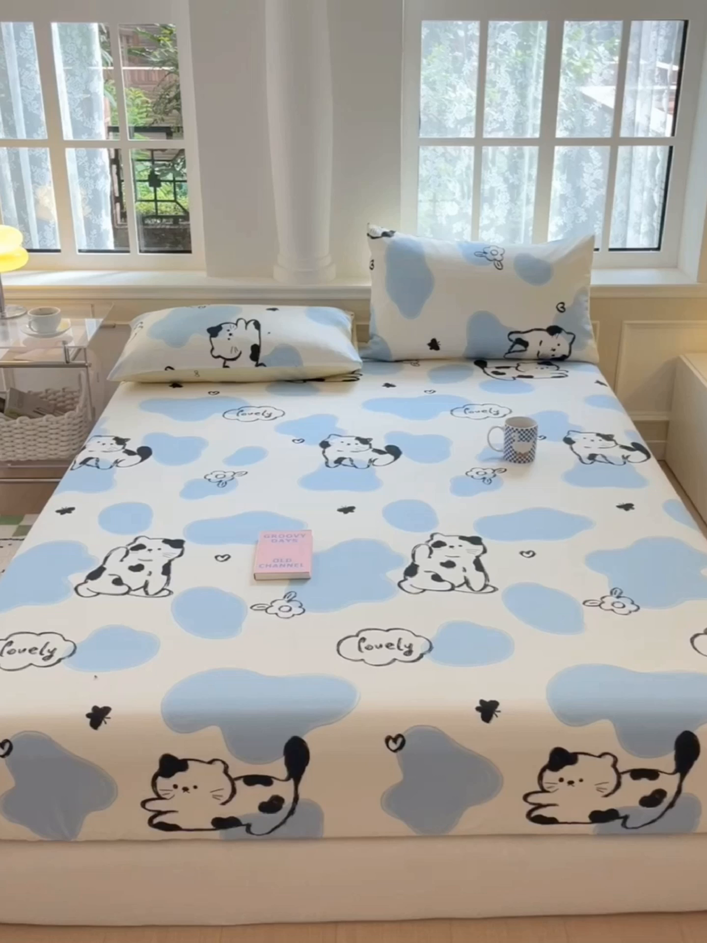 91家纺网 家纺一手货源 找家纺 麦伦家居 2026新款卡通小清新全棉纯棉单床单床笠床单床笠单件单品床单床笠 单品A版奶牛猫