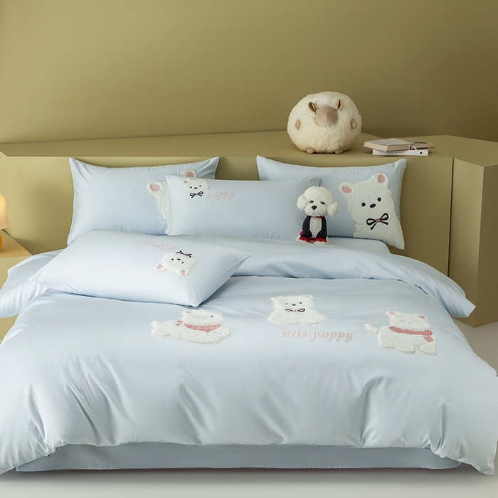 91家纺网 家纺一手货源 找家纺 618家纺 2026新款A类100支全棉纯棉贴布绣花四件套-西高地系列 西高地蓝