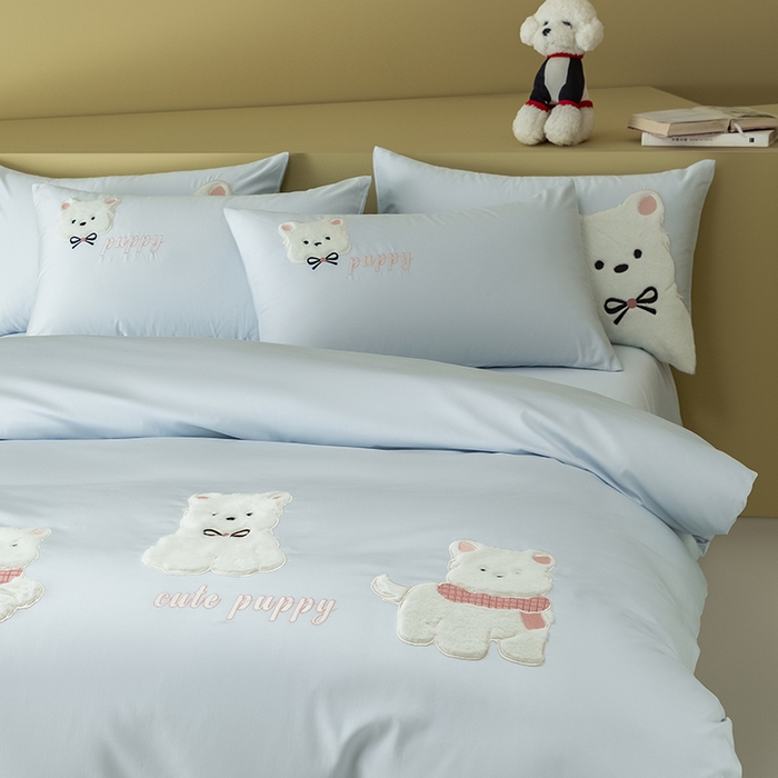 91家纺网 家纺一手货源 找家纺 618家纺 2026新款A类100支全棉纯棉贴布绣花四件套-西高地系列 西高地蓝