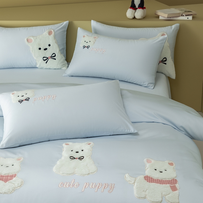 91家纺网 家纺一手货源 找家纺 618家纺 2026新款A类100支全棉纯棉贴布绣花四件套-西高地系列 西高地蓝