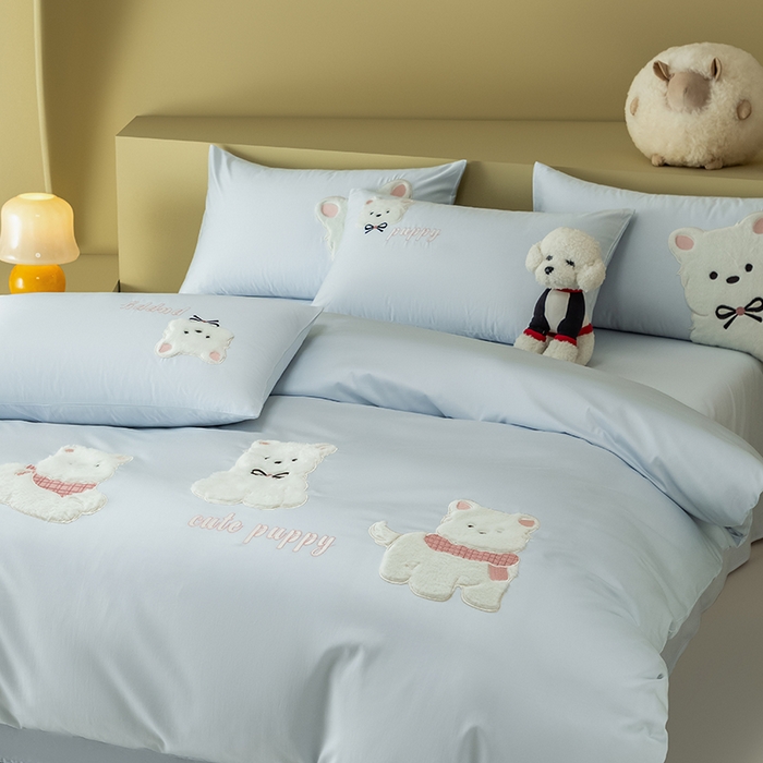 91家纺网 家纺一手货源 找家纺 618家纺 2026新款A类100支全棉纯棉贴布绣花四件套-西高地系列 西高地蓝