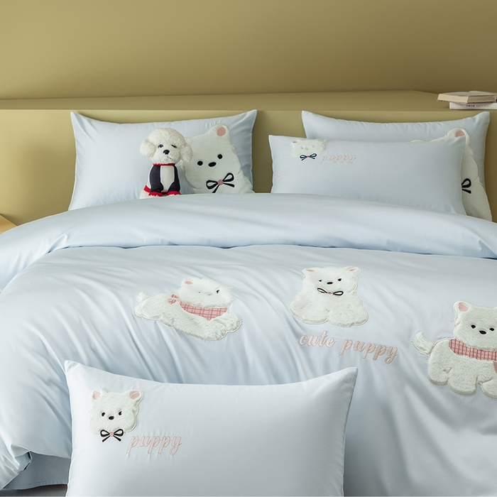 91家纺网 家纺一手货源 找家纺 618家纺 2026新款A类100支全棉纯棉贴布绣花四件套-西高地系列 西高地蓝