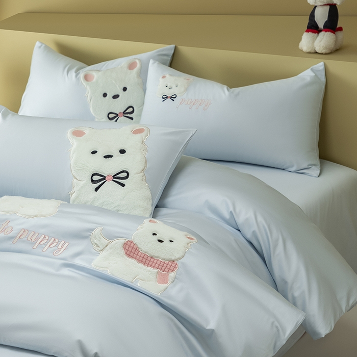 91家纺网 家纺一手货源 找家纺 618家纺 2026新款A类100支全棉纯棉贴布绣花四件套-西高地系列 西高地蓝