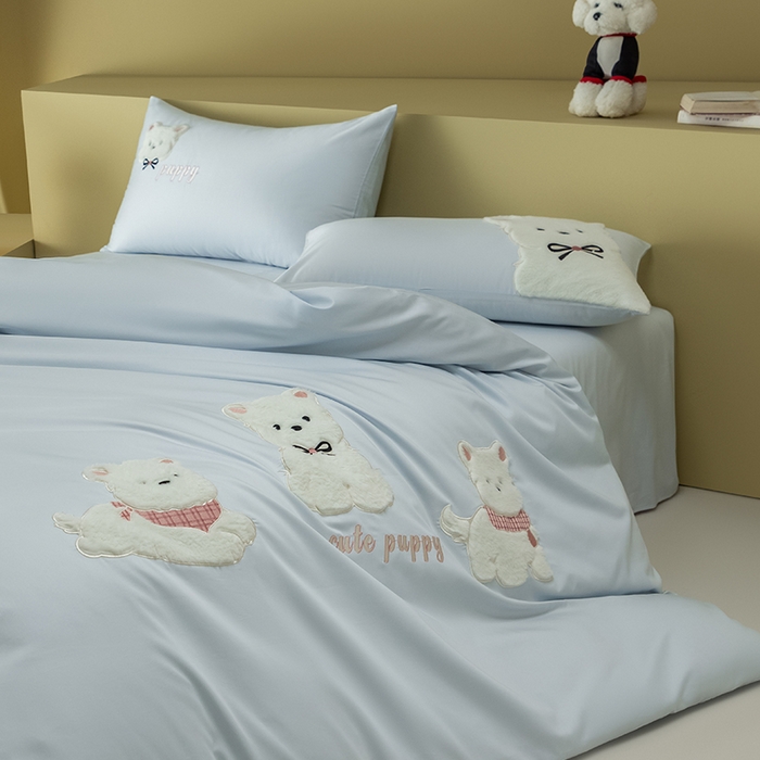 91家纺网 家纺一手货源 找家纺 618家纺 2026新款A类100支全棉纯棉贴布绣花四件套-西高地系列 西高地蓝