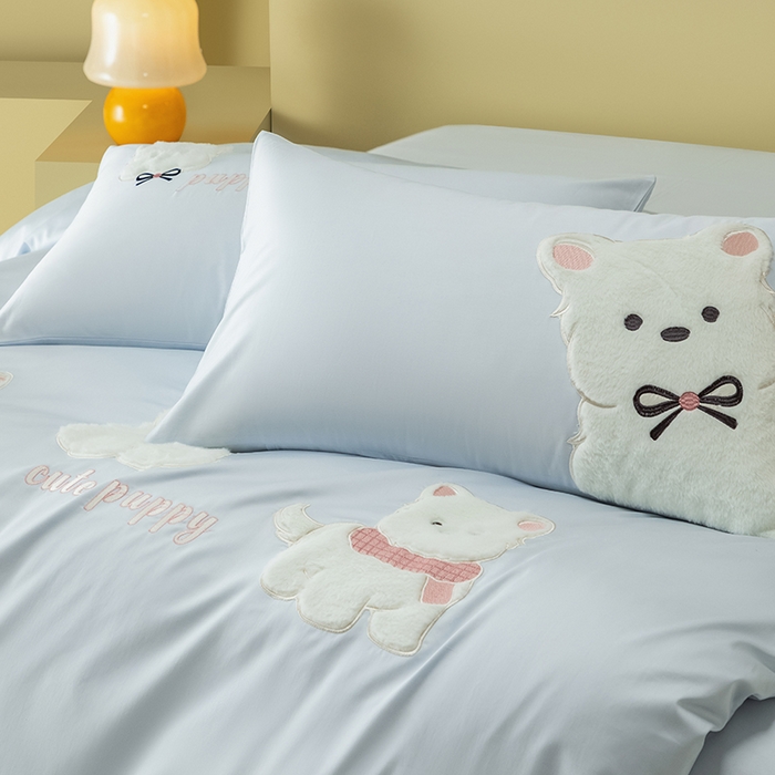 91家纺网 家纺一手货源 找家纺 618家纺 2026新款A类100支全棉纯棉贴布绣花四件套-西高地系列 西高地蓝