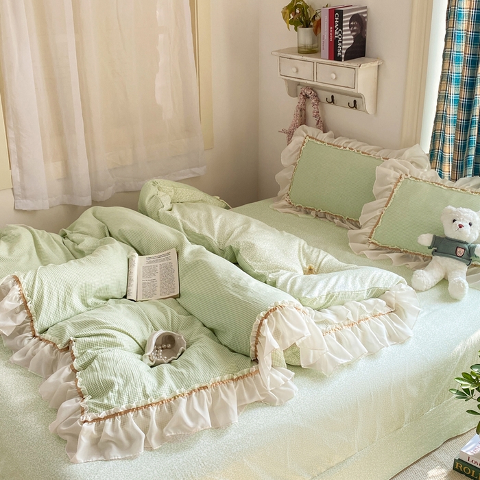 91家纺网 家纺一手货源 找家纺 艺玲家纺 2026新款奶油风韩式云朵棉花边四件套 奶油-绿