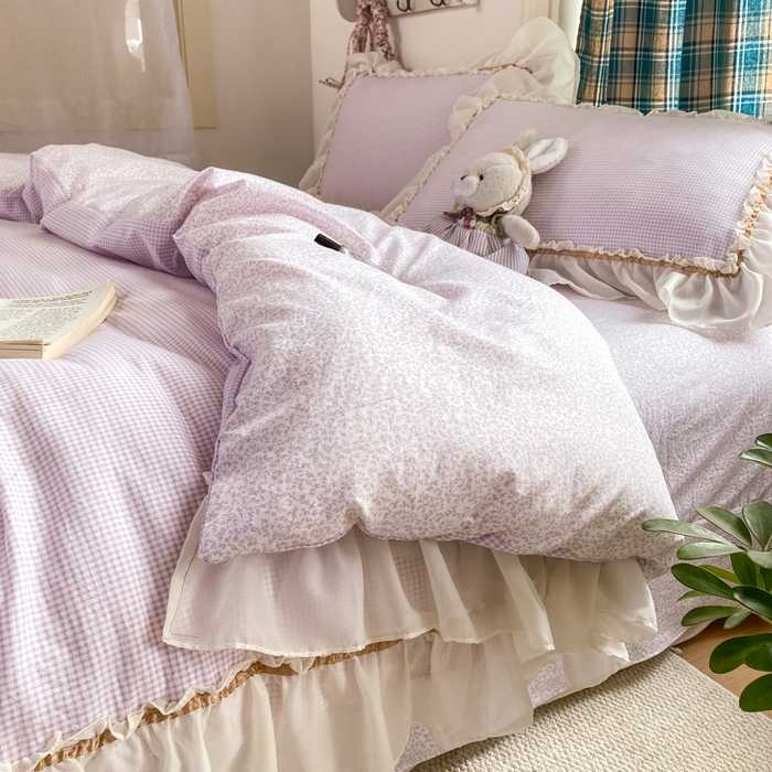 91家纺网 家纺一手货源 找家纺 艺玲家纺 2026新款奶油风韩式云朵棉花边四件套 奶油-紫