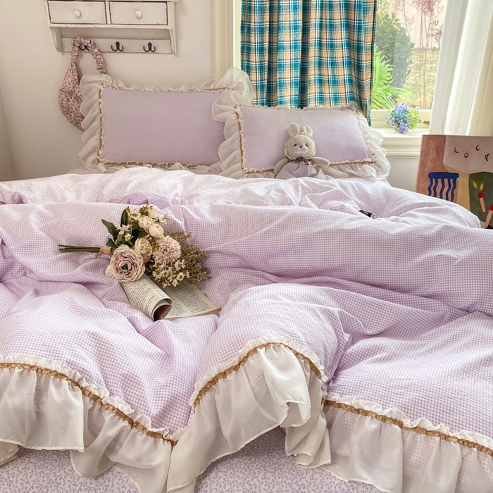 91家纺网 家纺一手货源 找家纺 艺玲家纺 2026新款奶油风韩式云朵棉花边四件套 奶油-紫