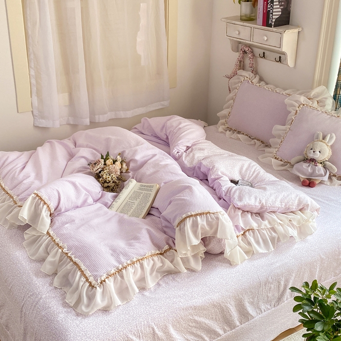 91家纺网 家纺一手货源 找家纺 艺玲家纺 2026新款奶油风韩式云朵棉花边四件套 奶油-紫