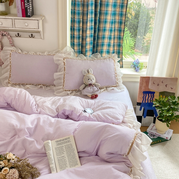 91家纺网 家纺一手货源 找家纺 艺玲家纺 2026新款奶油风韩式云朵棉花边四件套 奶油-紫