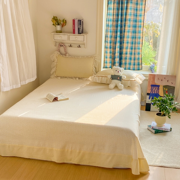 91家纺网 家纺一手货源 找家纺 艺玲家纺 2026新款奶油风韩式云朵棉花边四件套 奶油-黄