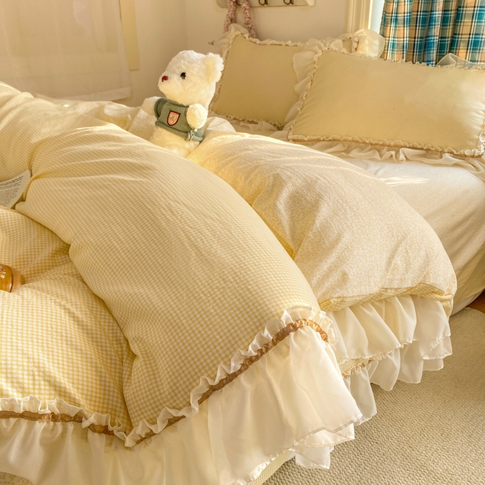 艺玲家纺 2026新款奶油风韩式云朵棉花边四件套 奶油-黄