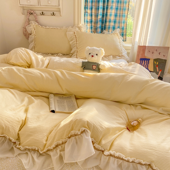 91家纺网 家纺一手货源 找家纺 艺玲家纺 2026新款奶油风韩式云朵棉花边四件套 奶油-黄